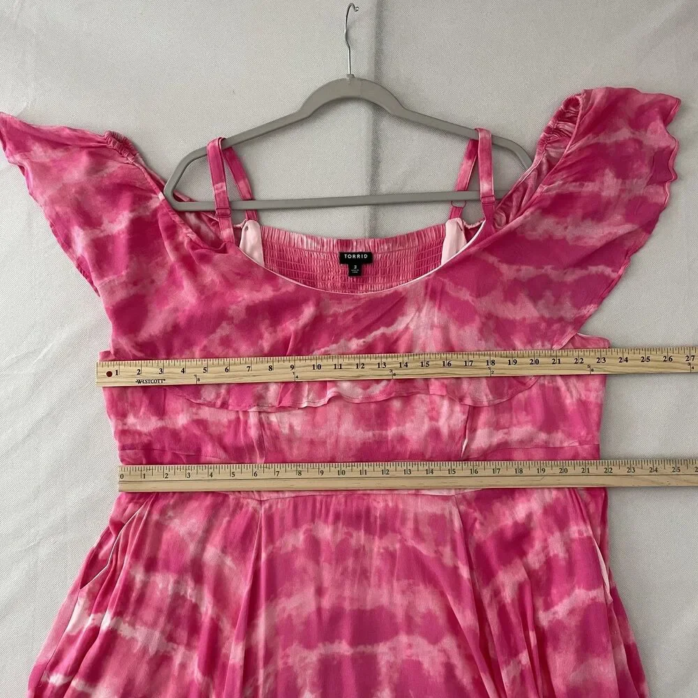 Torrid Cold Shoulder Ruffle Tie Dye Midi Dress Pink Rayon Women Size 3X - Picture 10 of 13
